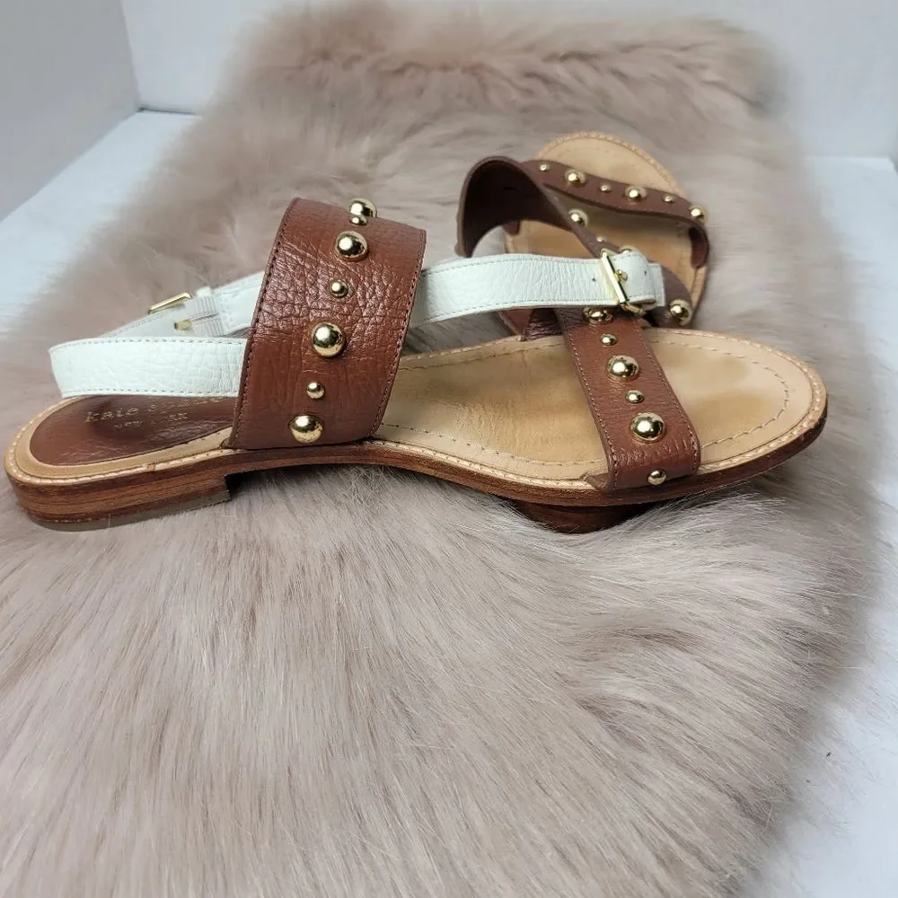 Kate Spade Stillwell White Brown  Leather Studded Sandals Shoes Size 8